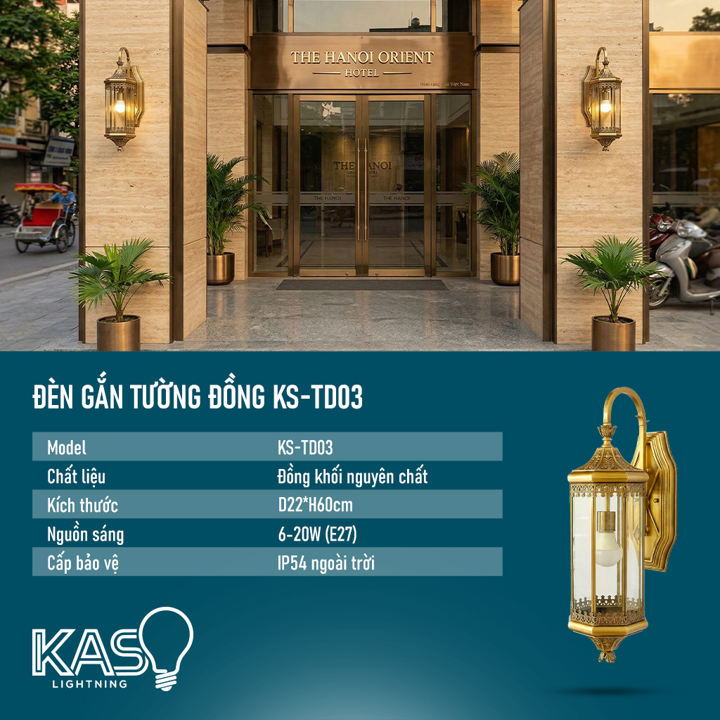 Đèn gắn tường đồng KS-TD03 KASO Lightning lắp đặt tại sảnh khách sạn cao cấp