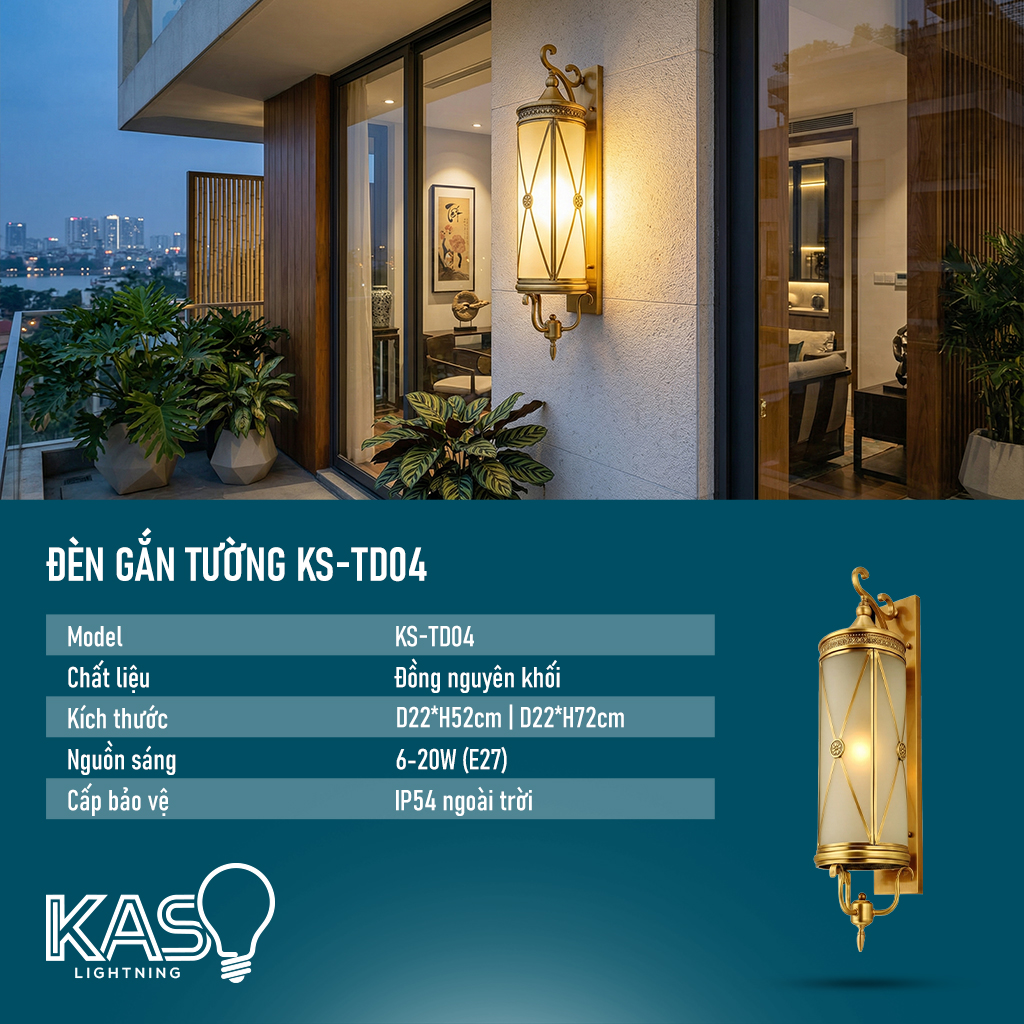 Thông số kỹ thuật đèn gắn tường đồng KS-TD04 KASO Lightning