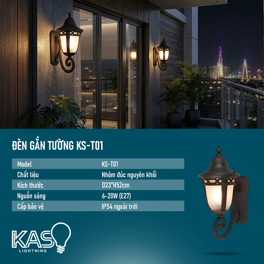 Đèn gắn tường ngoài trời KS-T01 nhôm đúc nguyên khối phong cách cổ điển KASO Lightning